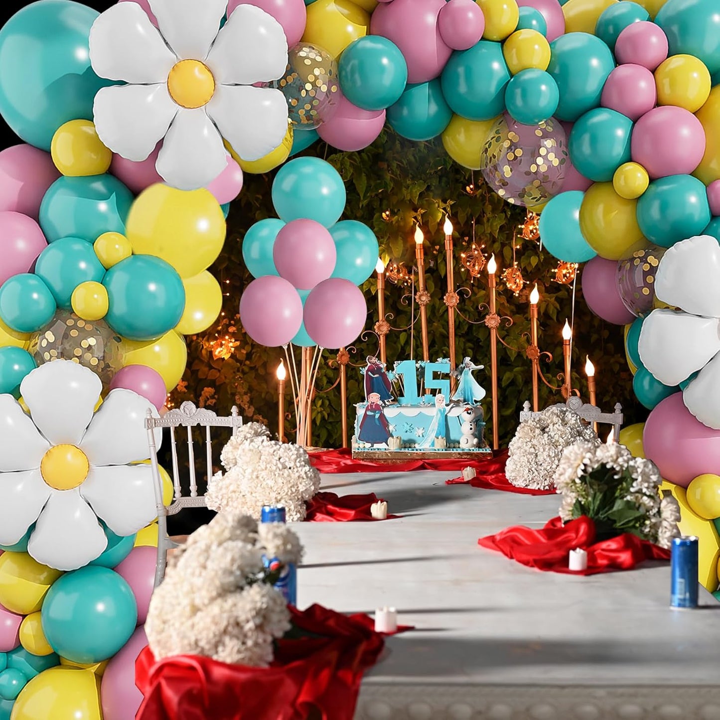 Teal Pink Yellow Daisy Garland Arch Kit, 132 Piece Blush Confetti Latex Metal Aluminum Foil Balloons for Girls Birthday Baby Shower Party Decor Supplies