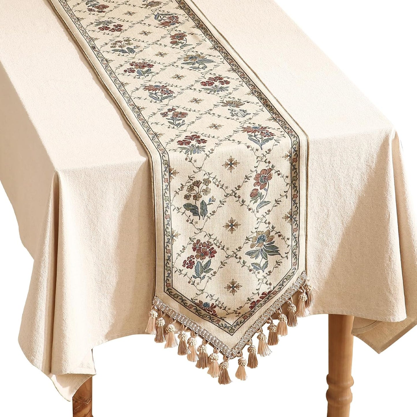 patdrea Designer Vintage Floral Linen Extra Long Table Runner 118 Inch Long,Beige Cottage Rustic Bouquets Pattern Table Mat,Decor for Kitchen Dining Coffee Table Cabinet Thanksgiving,12"*118"