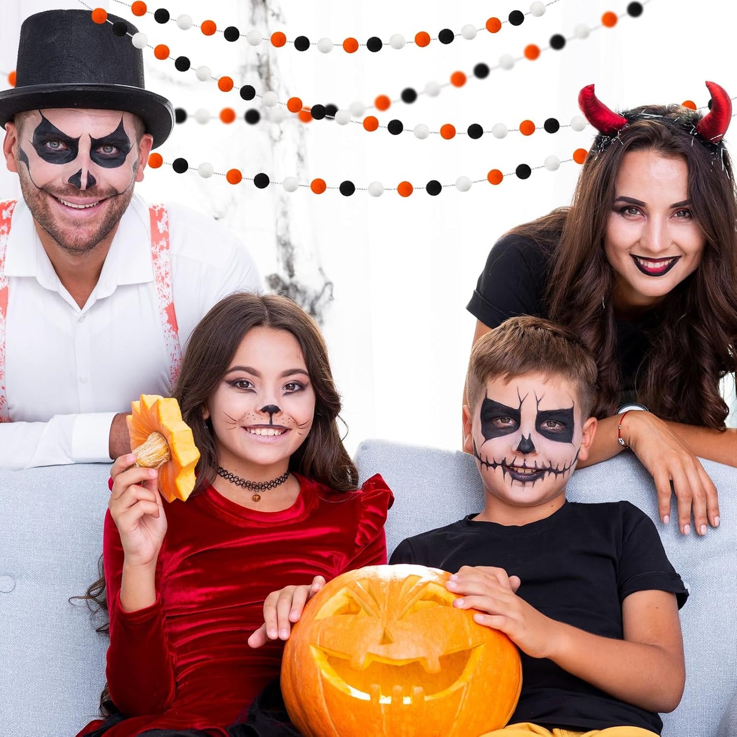 3 Pack Pom Pom Garland Colorful Felt Ball Garland Decorations, 6.5 Feet Long with 30 Balls Banner Hanging Supplies for Halloween, Parties (Orange, black &White)