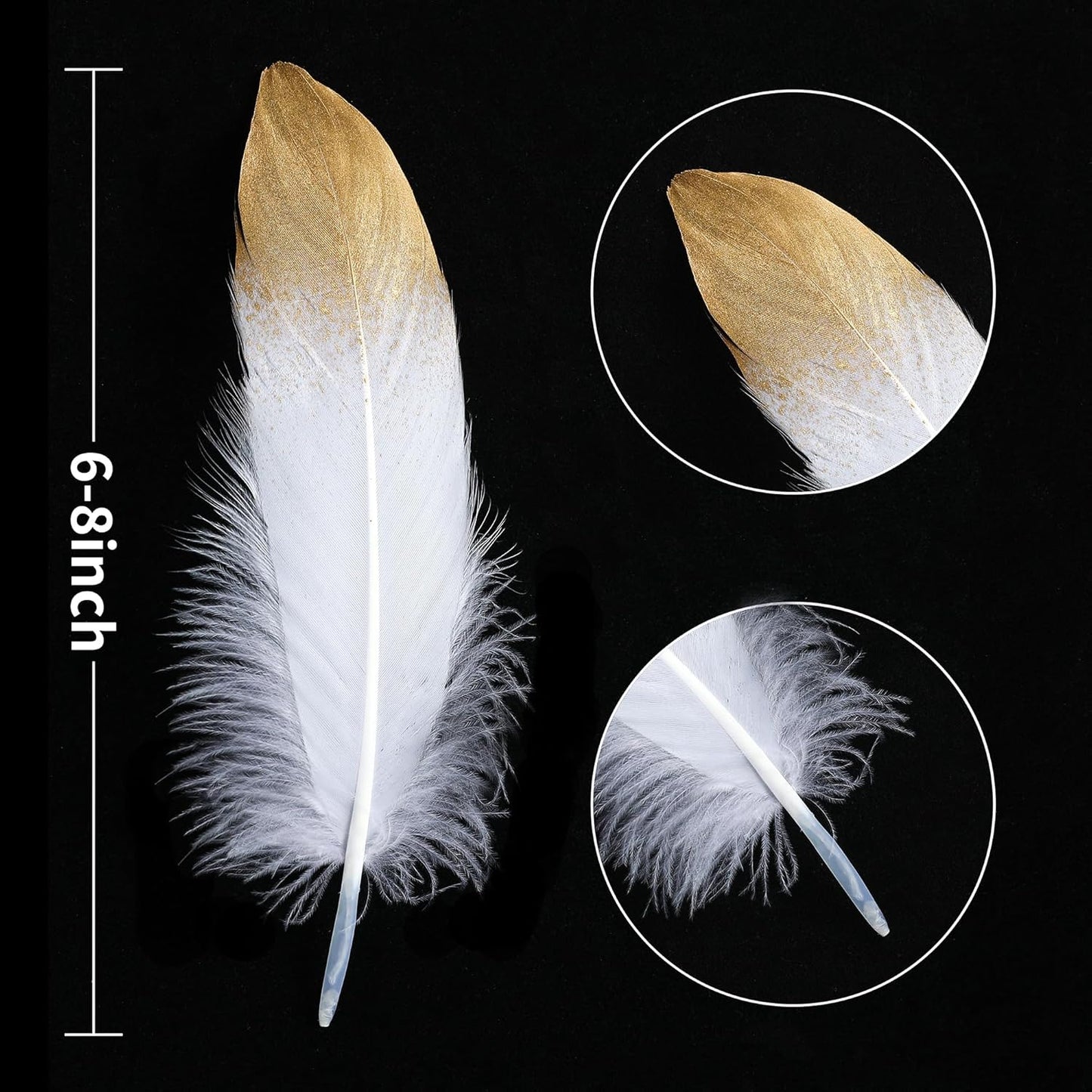Larryhot Dipped Gold & White Goose Feathers for Crafts - 6-8 inch 60 pcs Natural Feathers for Wedding Party Decorations,DIY Crafts and Table Centerpiece(Gold & White)