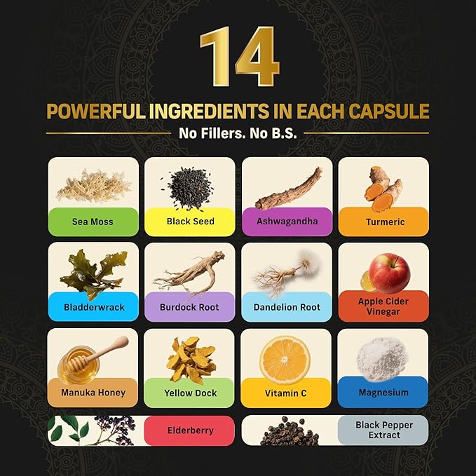 Alpha Tribe Multivitamin for Men with Seamoss Black Seed Oil Ashwagandha Burdock Root, Turmeric Bladderwrack, Vitamin C, Elderberry, Manuka, Yellow Dock | Daily Men's Vitamins and Minerals Supplement