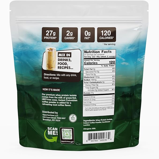 Opportuniteas Grass Fed Coffee Whey Protein Isolate Powder - 27g Protein Powder Without Artificial Sweeteners, Hormone-Free Cows, Non GMO - 2.5lb