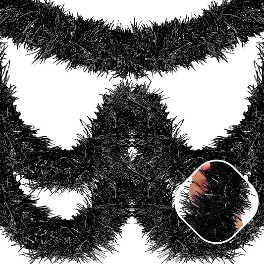 25 Feet Black Christmas Tinsel Garland, Metallic Foil Twist Garland Wall Hanging Tinsel Banner Backdrop for Parade Floats, Easter, Mother's Day, Birthday Party Decorations (4in x 25ft)