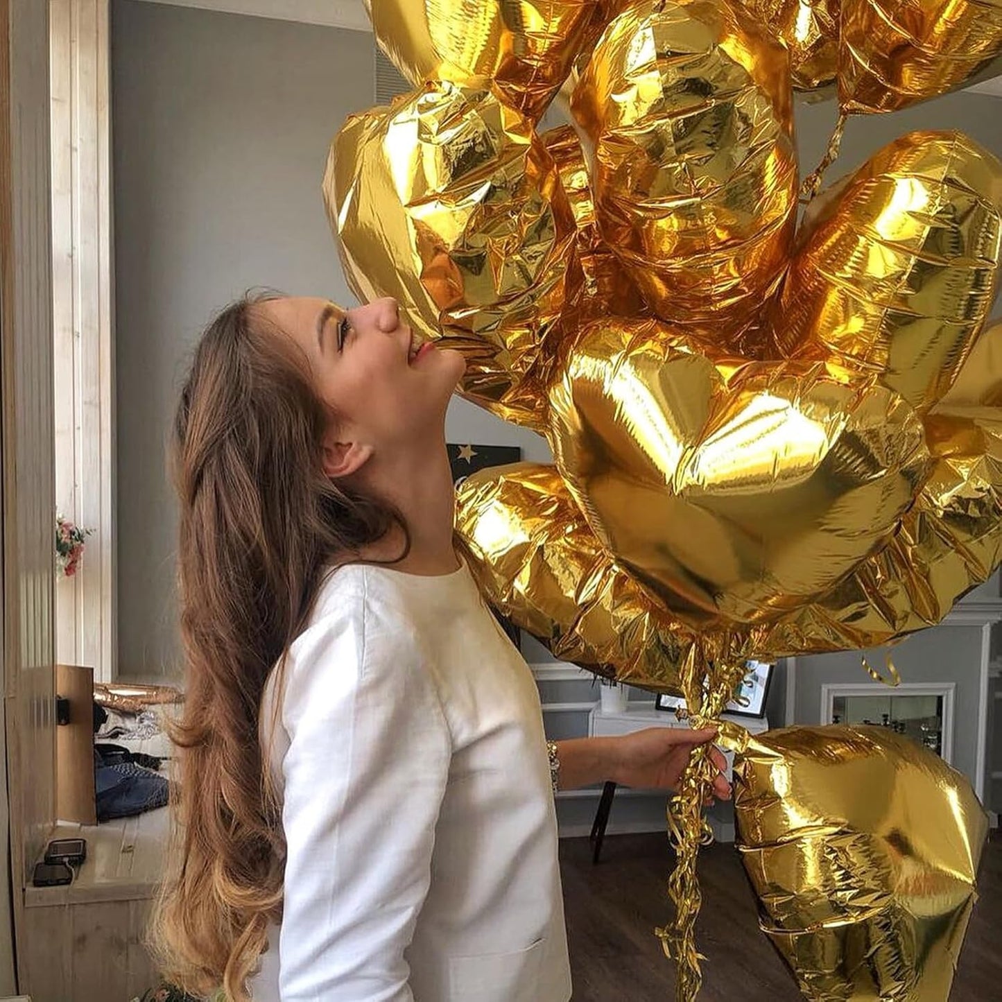 Gold Heart Foil Heart Shaped Balloons, 10PCS Gold Foil Heart Balloons Valentines Balloons, 18inch Gold Love Foil Balloons for Helium Valentine Decorations for Gold Wedding, Brithday Party, Anniversary