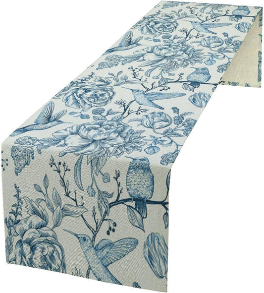 Blue White Table Runner Retro Monochrome Sketch Birds Flower Vintage Floral Kitchen Dining Table Decoration for Home Party Holiday 13"x36"