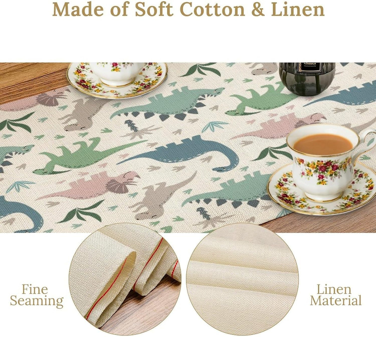 Cartoon Dinosaur Table Runner,Kids Boys Cute Colorful Animal Dino Abstract Print Tablecloth Burlap for Hotel Indoors Outdoor Dining Room Kitchen Holiday Party, 13x70in