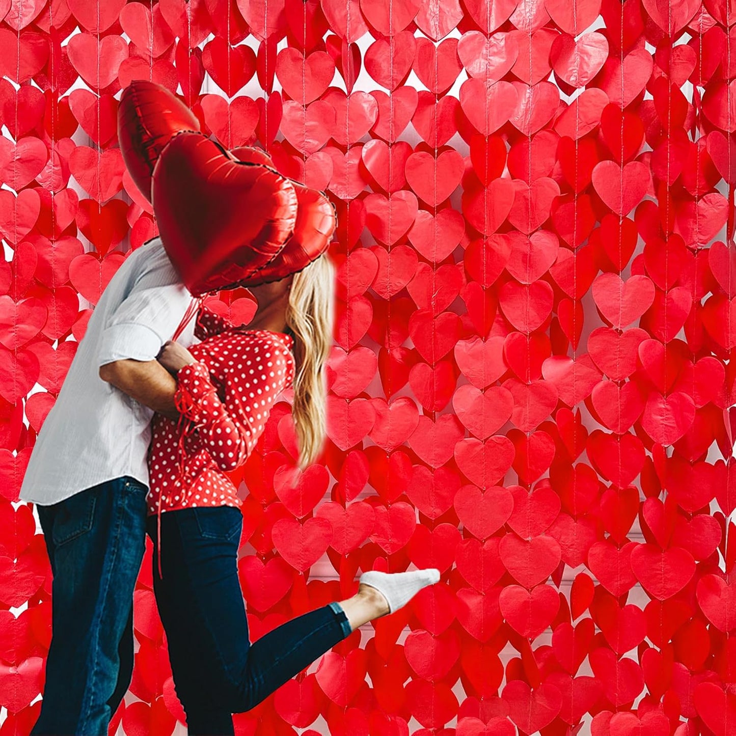 205 Ft Red Party Decorations Red Heart Backdrop Streamer Tissue Paper Love Heart Hanging Garland for Valentines Birthday Anniversary Engagement Wedding Bridal Shower Baby Shower Hen Party Supplies