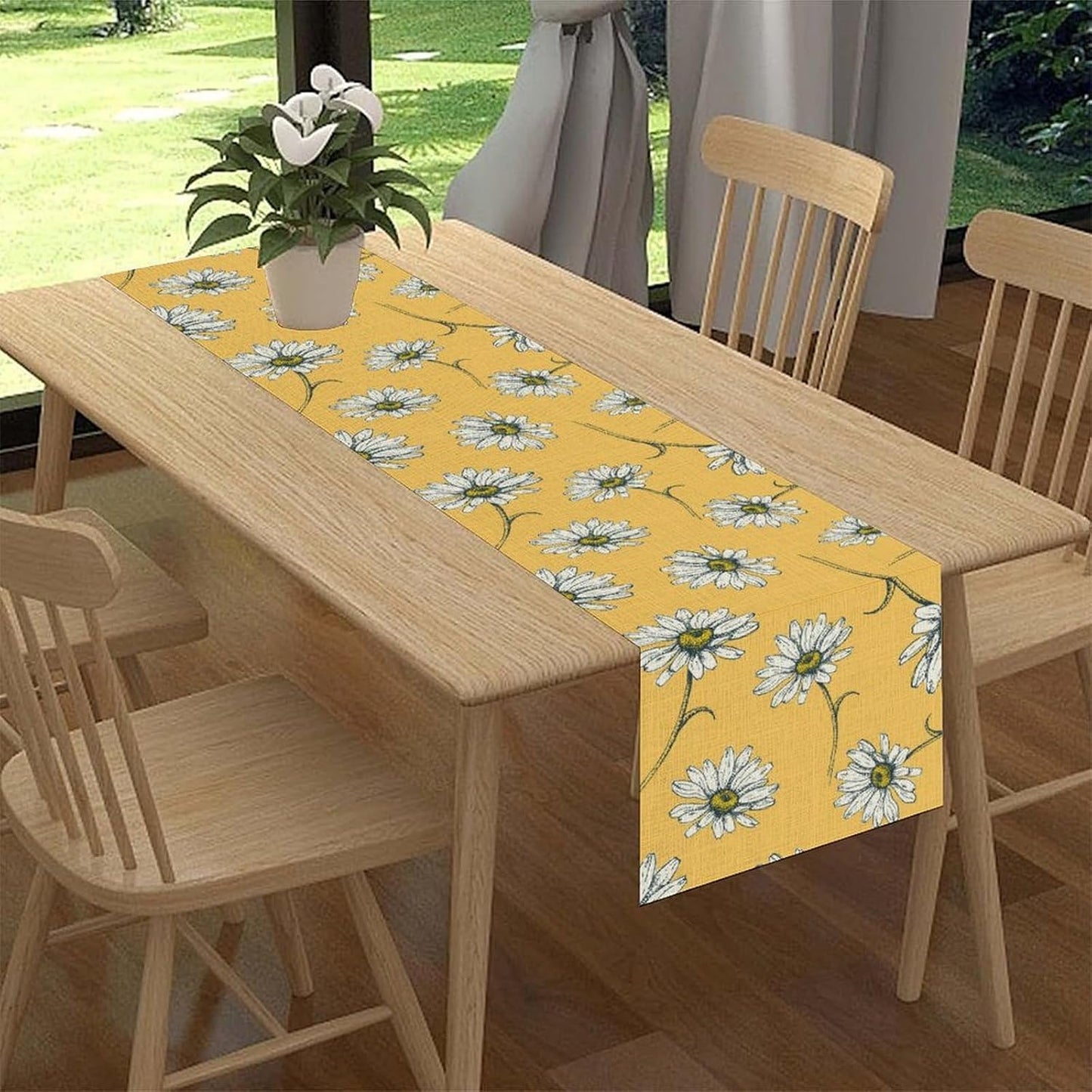 Daisy Table Runner, Spring Floral Seasonal Summer Yellow Flower Rustic Farmhouse Table Center Decor for Home Kitchen Dining Patio Holiday Party Indoor Outdoor Table Decorations, 13"x36" Inch