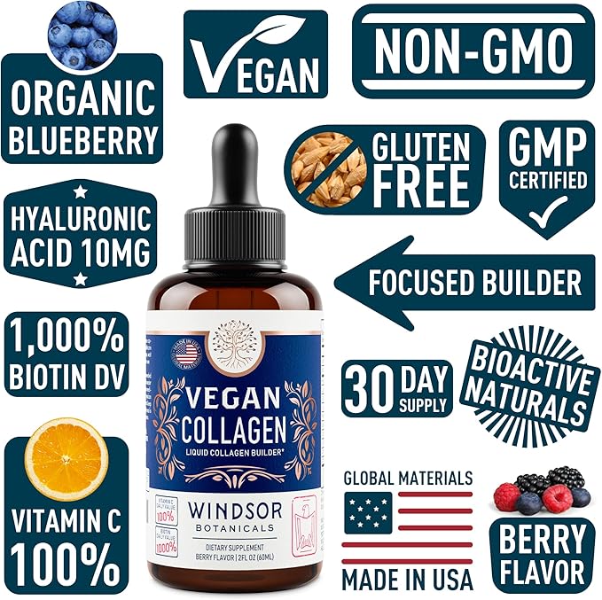 Vegan Collagen Builder Liquid Supplement - Collagen Booster with Vitamin C, Biotin, Hyaluronic Acid & Amino Acids - Organic Fruit & Vegetable Blend - 120ml, 60 Day