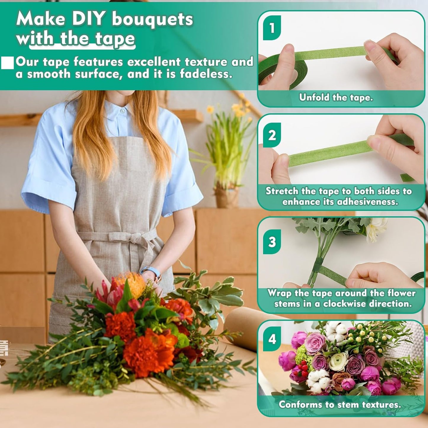 Flower Tape, Floral Tape for Bouquets, 1/2inch Green Flower Tape for Bouquet Stem Wrap Floral Arranging Craft Projects Corsages, Wedding Bouque