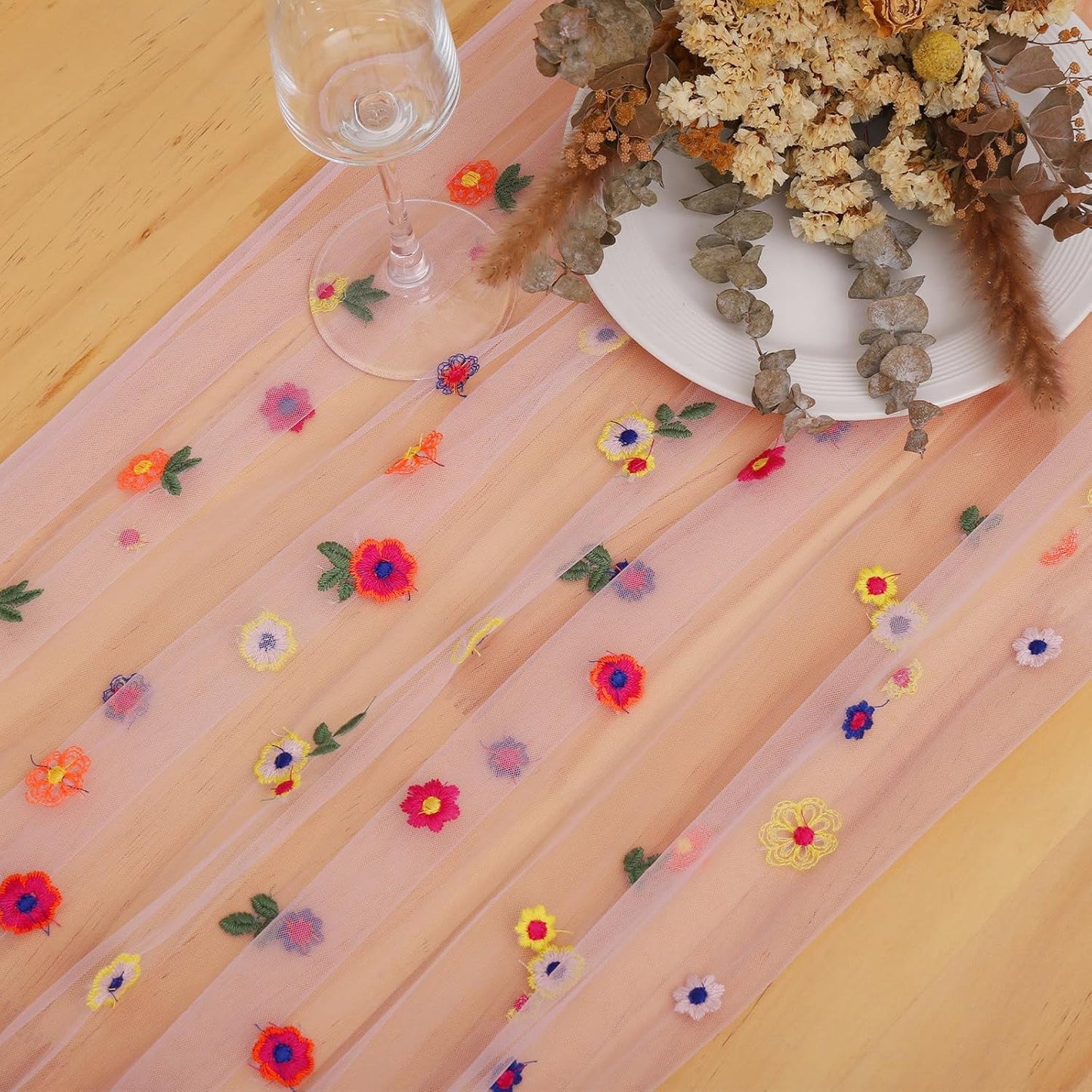 BINBE 1pcs Pink Daisy Fall Table Runner Embroidery Gauze 10FT Florals Seasonal Tulle Holiday Birthday Kitchen Dining Table Decor for Home Party