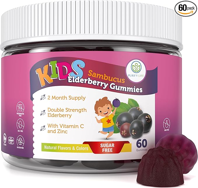 Purify Life Sugar-Free Kids Elderberry Gummies with Vitamin C & Zinc – Daily Immune Support Supplement for Children, Sambucus Antioxidant, Vegan, 60 Ct