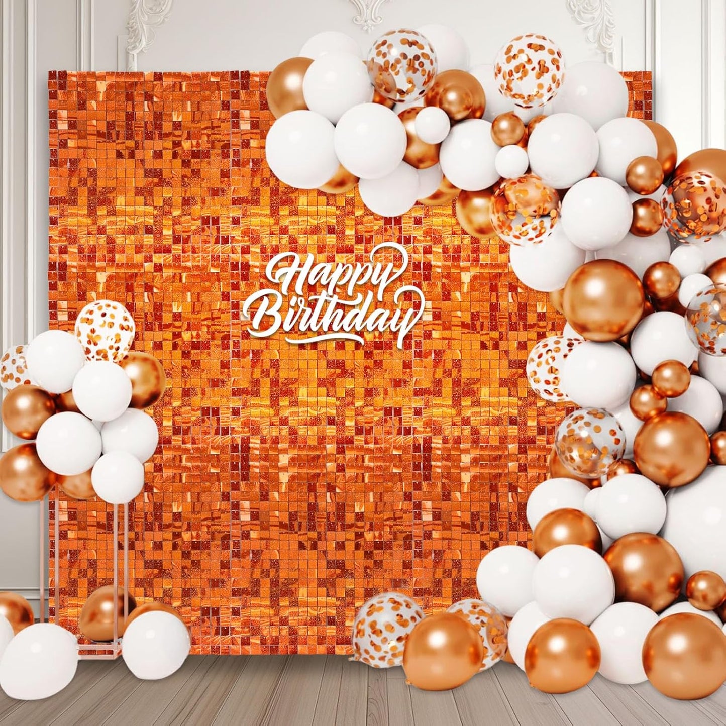 24PCS Orange Shimmer Wall Backdrop, Laser Square Sequin Photo Backdrops Panel, Glitter Wall Background for Birthdays, Weddings, Halloween, Engagements, Disco Bachelorette Party Decoration (4FTx6FT)