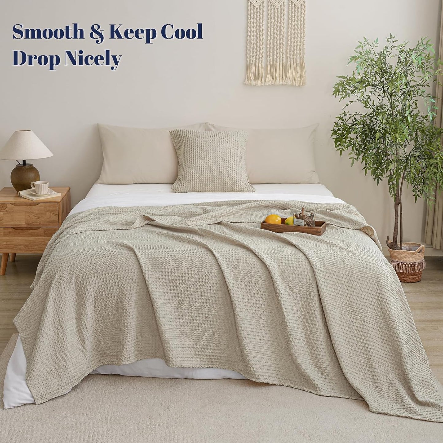 PHF Lightweight Waffle Weave Blanket Twin Size, Breathable & Ultra Soft, 66"x 90" Soft & Cozy Thin Blanket for All Season & Hot Sleepers, Bed, Home Decor - Natural