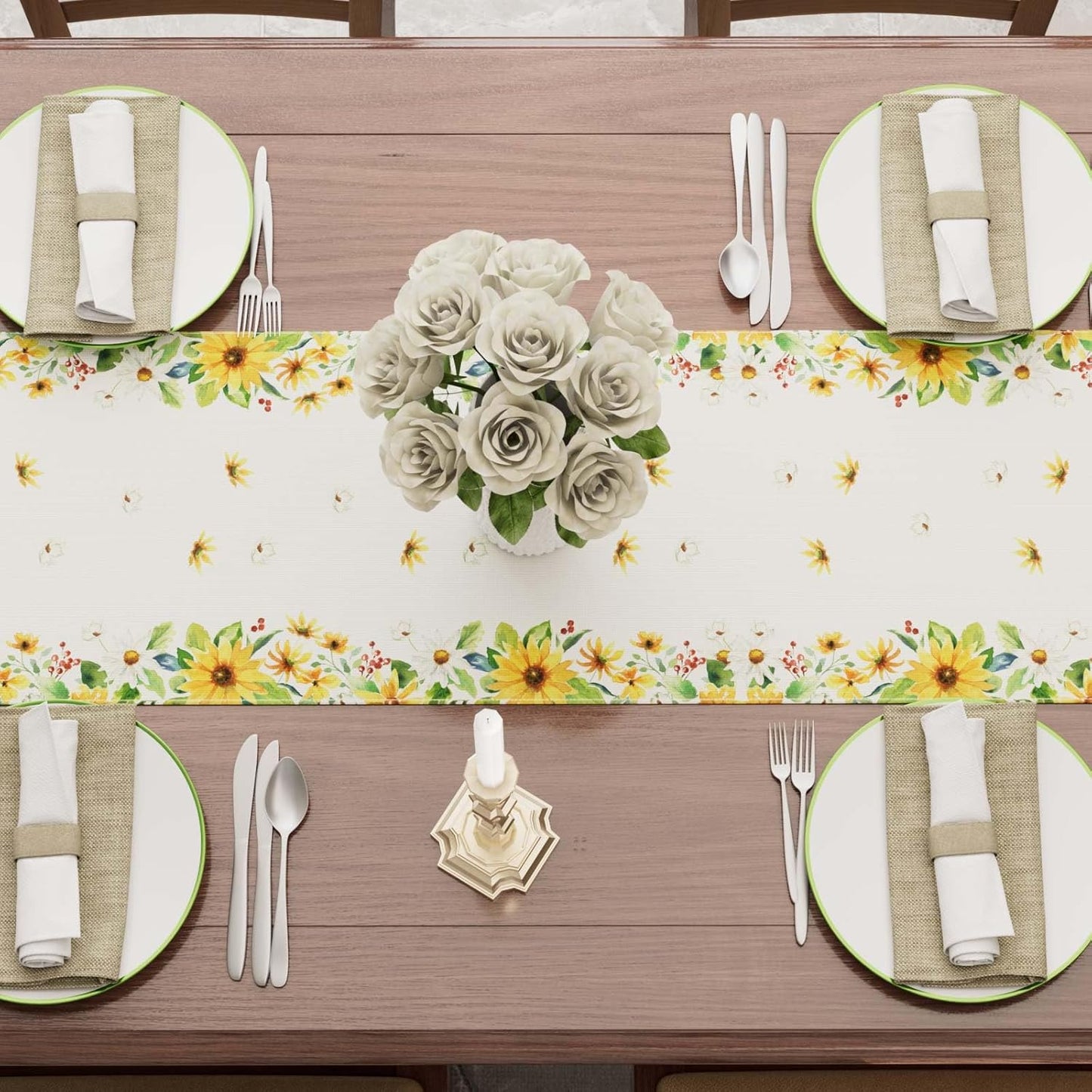 XCHI Yellow White Daisies Flowers Gnomes Spring Table Runner Burlap Table Decoration for Summer Seasonal Home Kitchen Dining Dinner Indoor Holiday Farmhouse Decor 13x36 Inch