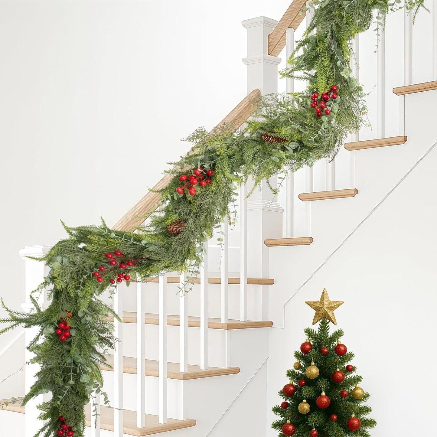6FT Christmas Garland Norfolk Pine Tree Artificial Cedar Eucalyptus Greenery, Realistic Pine Garland for Mantel Fireplace Stair Rail Doorway Table Centerpiece, Indoor Outdoor Winter Decor
