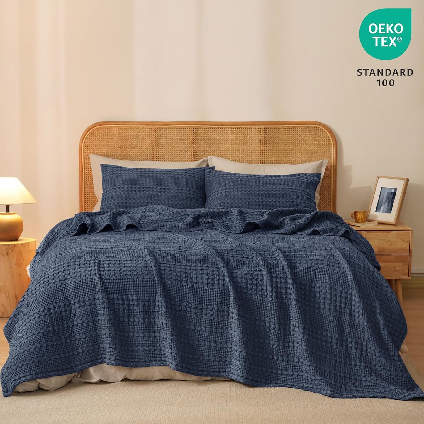 PHF 100% Cotton Waffle Weave Blanket King Size for Bed, Soft Lightweight & Breathable, All-Season Comfort, Luxury Aesthetic Woven Bedding for Home Decor, 108"x90", Dark Navy