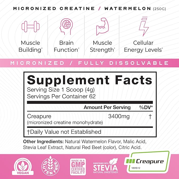 Muscle Feast Creapure - Micronized Creatine Monohydrate Powder | Premium Pre-Workout or Post-Workout | Flavored Creatine for Women & Men | Easy to Mix, Gluten-Free, Safe and Pure, (Watermelon, 250g)