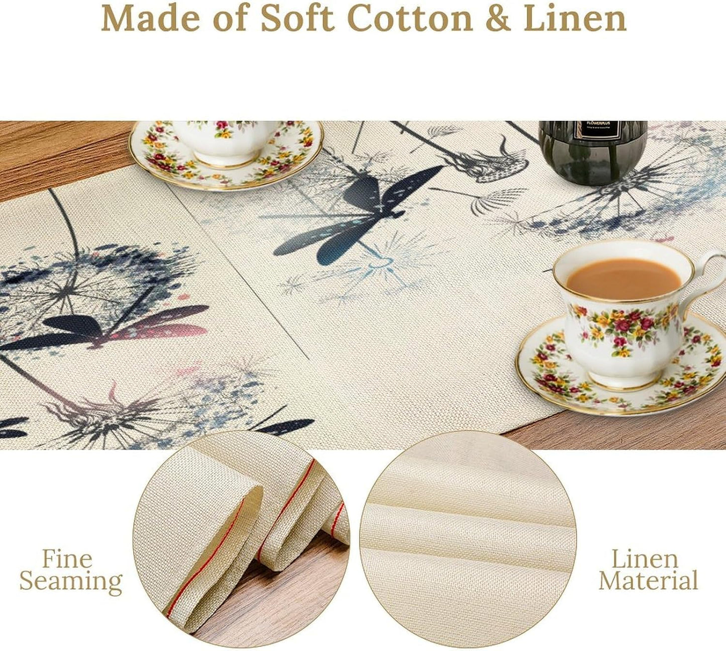 Dandelion Table Runner,Nature Rustic Dragonfly Teal Blue Floral Pattern Print Burlap Tablecloth for Hotel Indoors Outdoor Dining Room Kitchen Table Decor, 13x108in