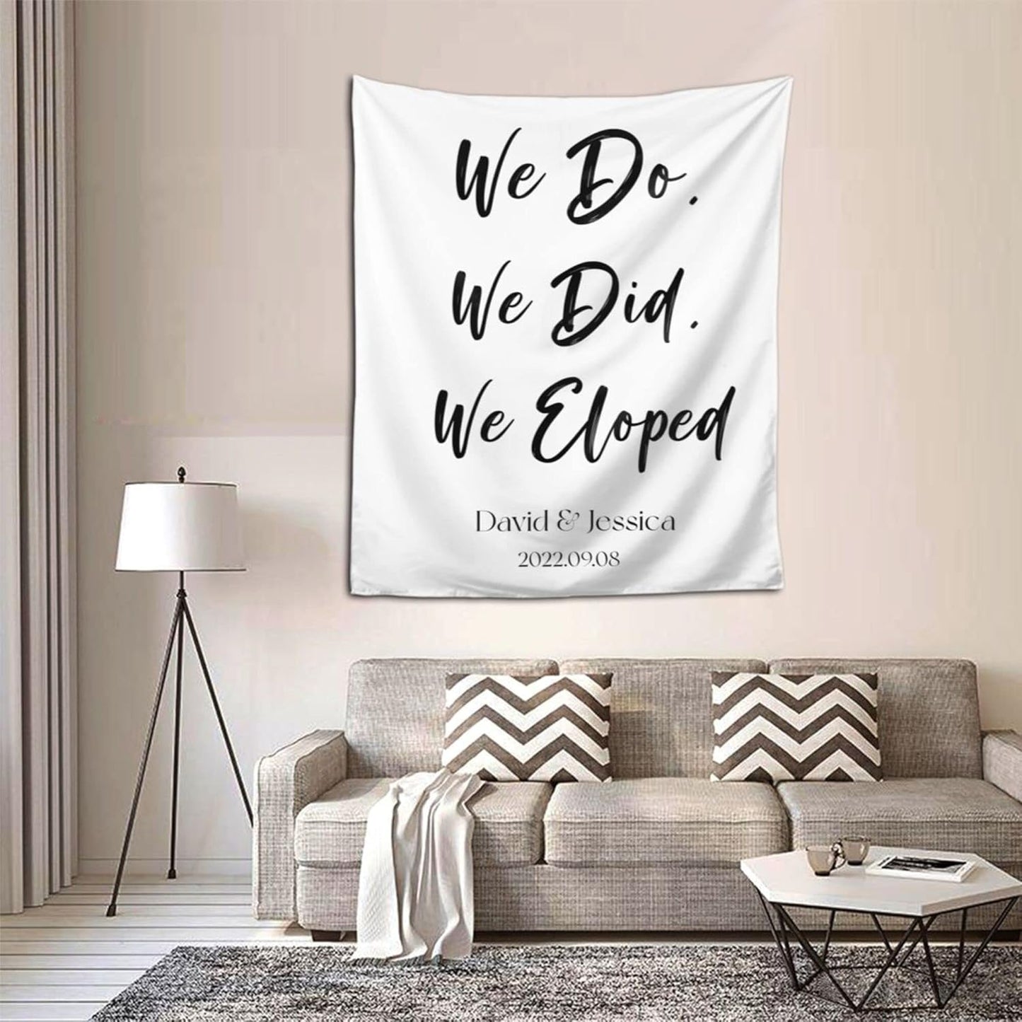 We Do, Did, Eloped Backdrop, Custom Tapestry with Names and Date, Personalized Calligraphy Wedding Banner for Ceremony, Rustic Sign, Reception Arch Decor