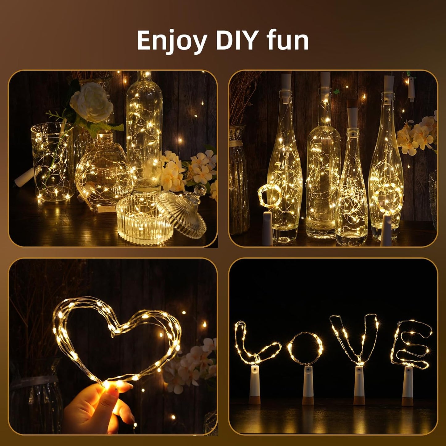 Wine Bottle Lights - 4 Pack Rechargeable Battery Operated 140mAh 20 LED Bottle Stoppers，8 Light Modes Switching,Perfect for Christmas, Weddings, Halloween, and More(Warm)