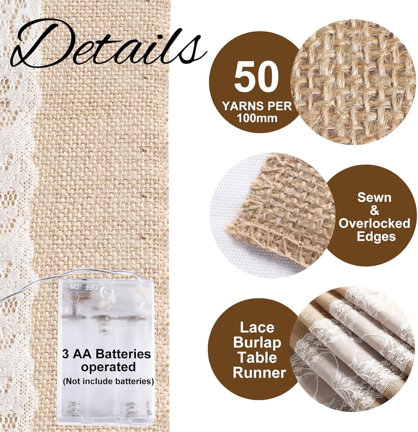 Burlap Table Runner with LED String Lights Rustic 12" x 108" Christmas Tablecloth Lighted Table Runner Farmhouse Decor for Wedding Bridal Shower Xmas Holiday