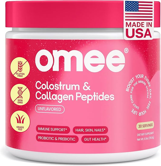 Omee Bovine Colostrum and Collagen Powder | Hair Growth, Beauty, Skin & Nail Supplement | Gut Health, Immune Support | Probiotics | 40% IgG, Unflavored, Grass-Fed, Hydrolyzed, Gluten-Free, 30 Servings