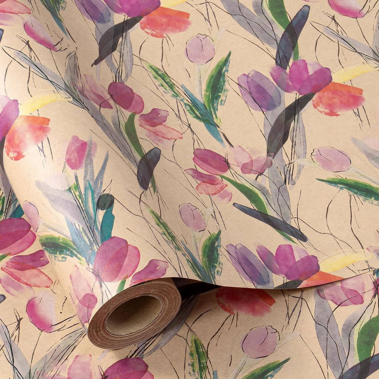 RUSPEPA Flower Wrapping Paper Roll, 17 in x 16.4 ft, Mini Roll, Tulips Watercolor Gift Wrap, Floral Kraft Wrapping Paper for Women, Girls, Spring, Summer, Wedding and Mother's Day