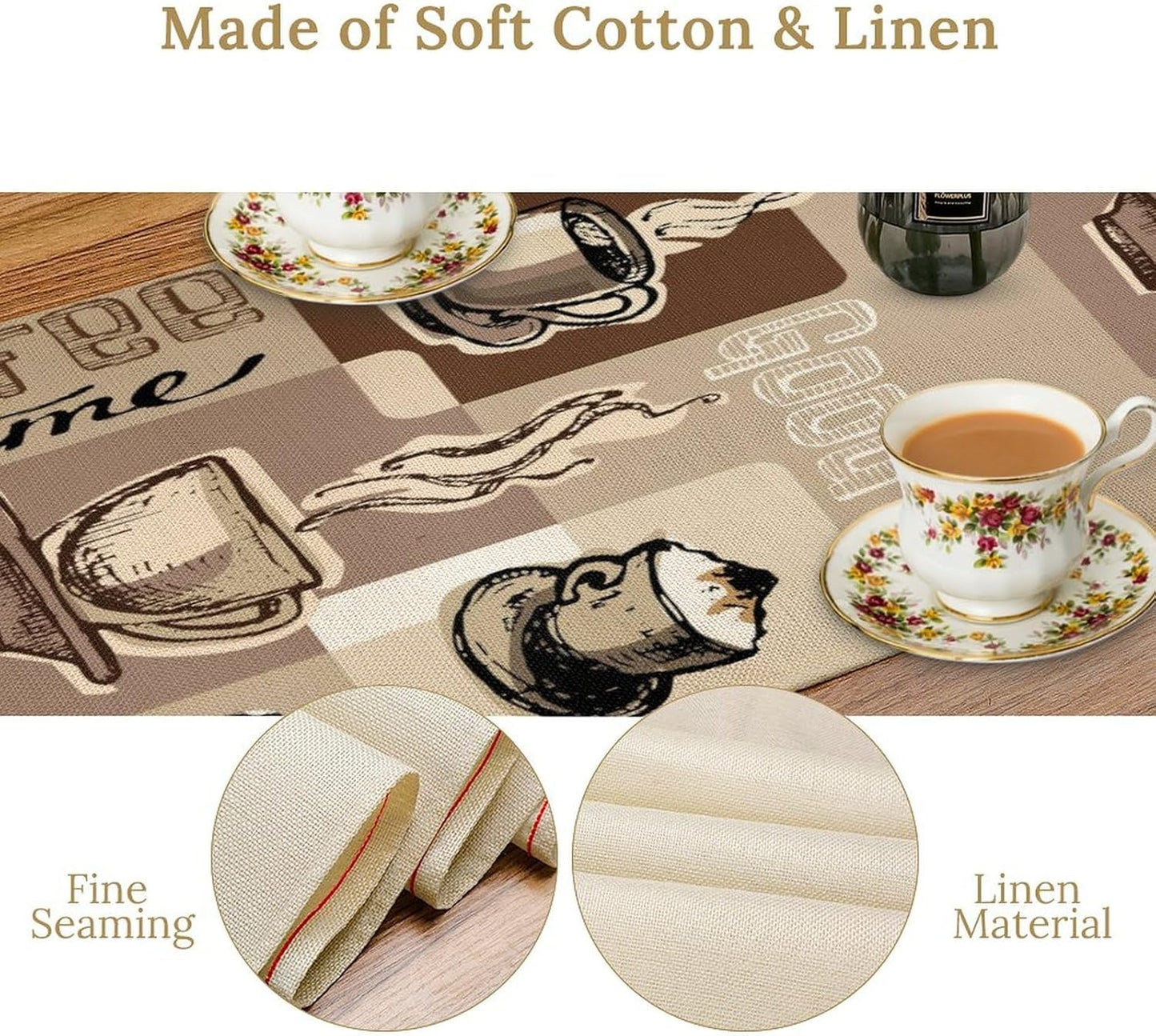 Coffee Table Runner,Vintage Style Coffee Cup Bean Abstract Theme Pattern Print Tablecloth Burlap for Hotel Indoors Outdoor Dining Room Kitchen Table Decor, 13x90in