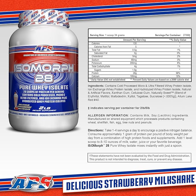 APS Nutrition IsoMorph 28 Protein Powder | Pure Whey Isolate | Cold Pressed, Ultra- Filtered, & Ion Exchange Isolates | 28g Protein | 2 Pound (Strawberry Milkshake)