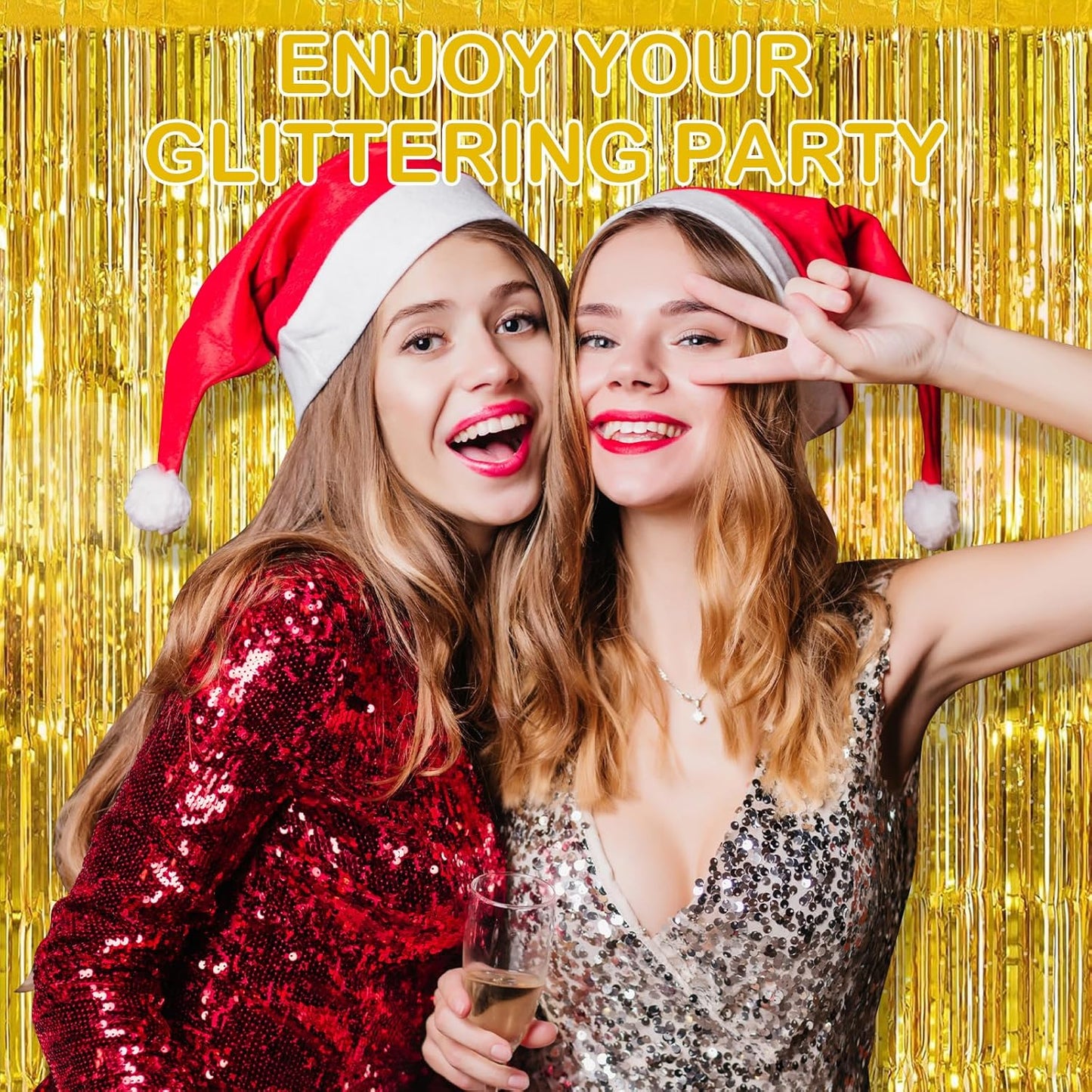 Gold Fringe Curtain Party Streamers, 12 Pack 3.3ft x 8.2ft Foil Curtain Backdrop Tinsel Foil Fringe Curtains Photo Booth Backdrop Streamer for Birthday, Wedding, Baby Shower, Disco Party