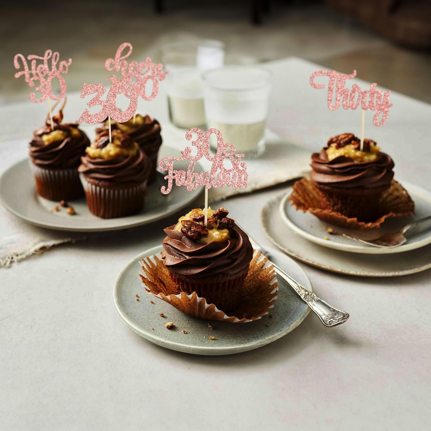30Pcs Happy 30th Birthday Cupcake Toppers Rose Gold Glitter Thirty Cheers to 30 Birthday Cupcake Picks for Happy 30th Birthday Anniversary Party Cake Decorations Supplies