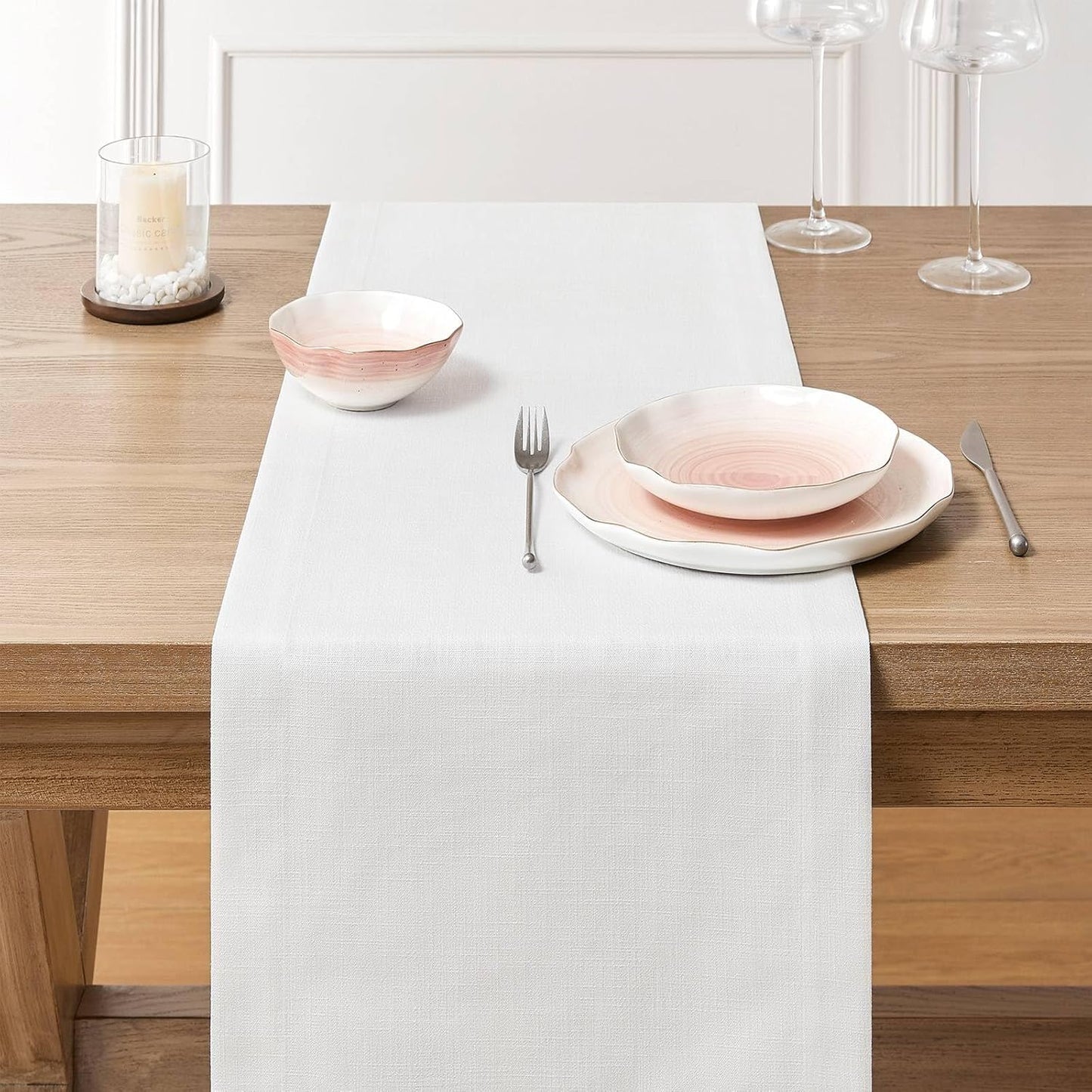 ZeeMart Linen Textured Border Table Runner, 14 x 60 Inch White, Farmhouse Style White Table Runners 60 Inches Long, Easy Care Everyday Polyester Table Runner