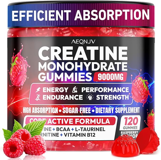 Creatine Gummies Monohydrate Complex 9000MG, Pre-Workout Supplement for Men & Women, Creatine Supplement with L-Taurine, BCAA 2:1, B12/6 for Muscle Support, Enhance Strength, Energy Boost-120 Count