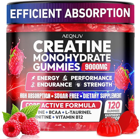 Creatine Gummies Monohydrate Complex 9000MG, Pre-Workout Supplement for Men & Women, Creatine Supplement with L-Taurine, BCAA 2:1, B12/6 for Muscle Support, Enhance Strength, Energy Boost-120 Count