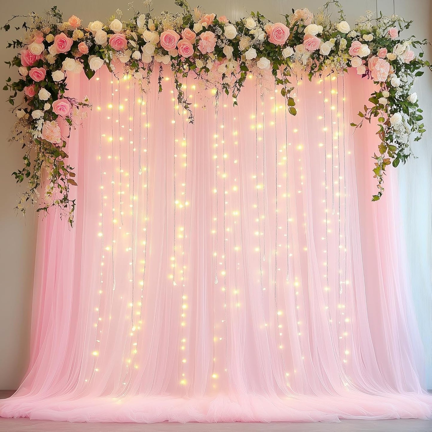 Tulle Backdrop Curtain with Lights String 10FT X 10FT Pink Sheer Tulle Backdrop Curtains for Wedding Birthday Party Reception Photo Booth Background Decorations (2 Panels 5x10FT)