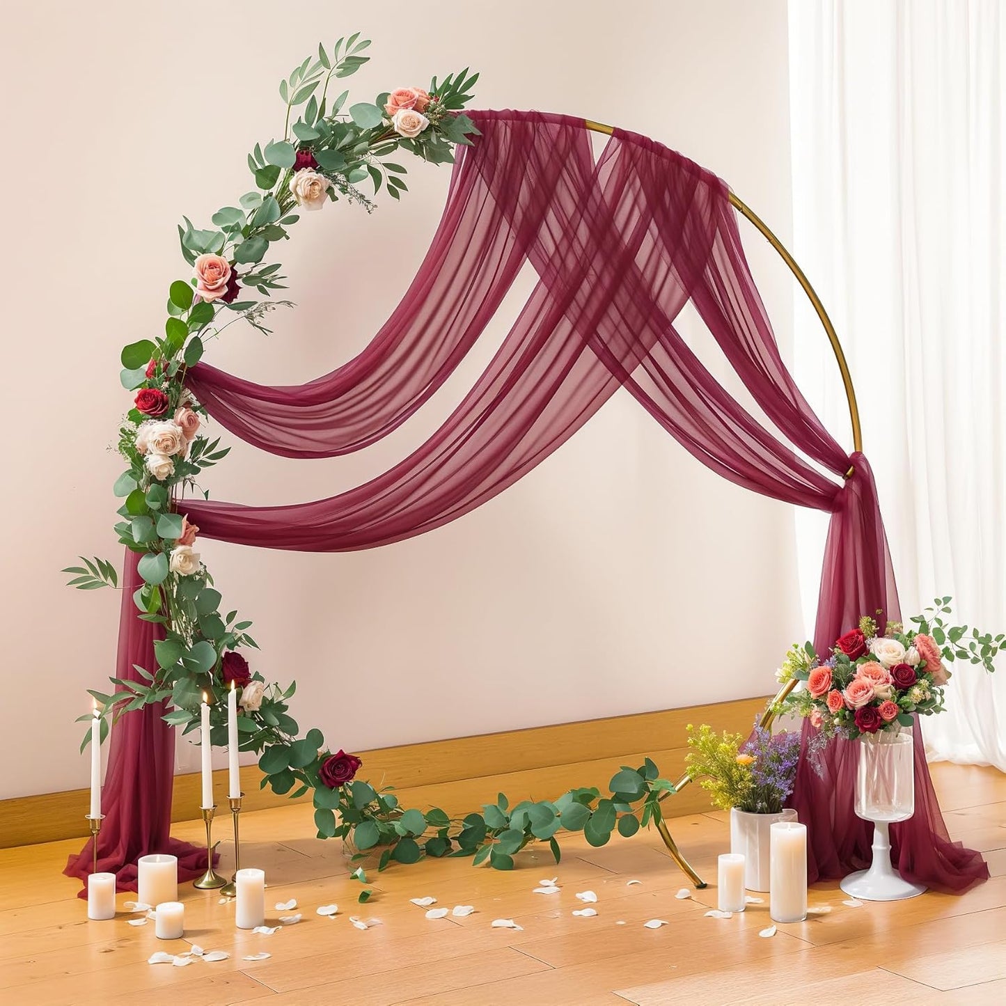 2 Panels Wedding Arch Draping Fabric Burgundy Sheer Backdrop Curtain Arch Drape for Wedding Ceremony Reception,Bridal Shower Party Decorations 28" X 19ft