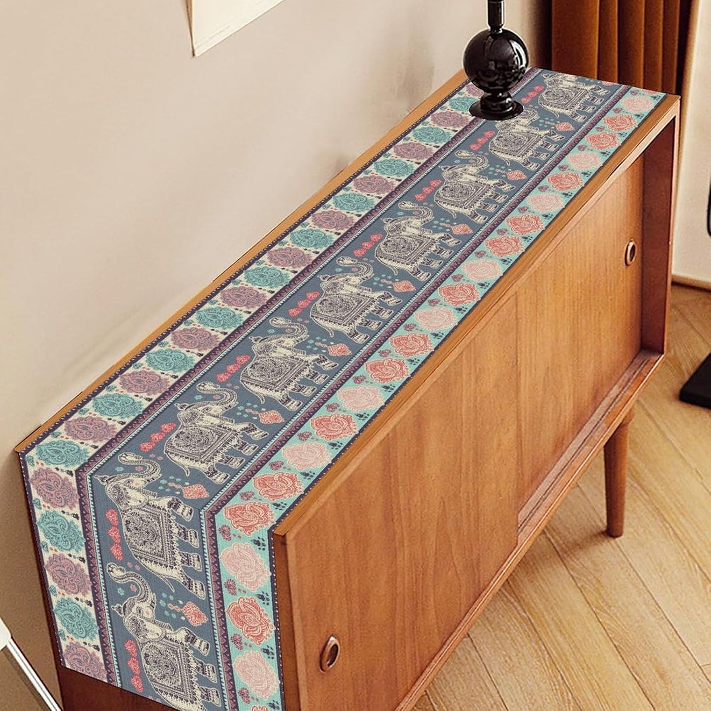 Boho Table Runner, Indian Bohemian Elephant Mandala Paisley Floral Hippie Art Print Table Center Decor for Home Kitchen Dining Patio Holiday Party Indoor Outdoor Table Decorations, 13"x90" Inch