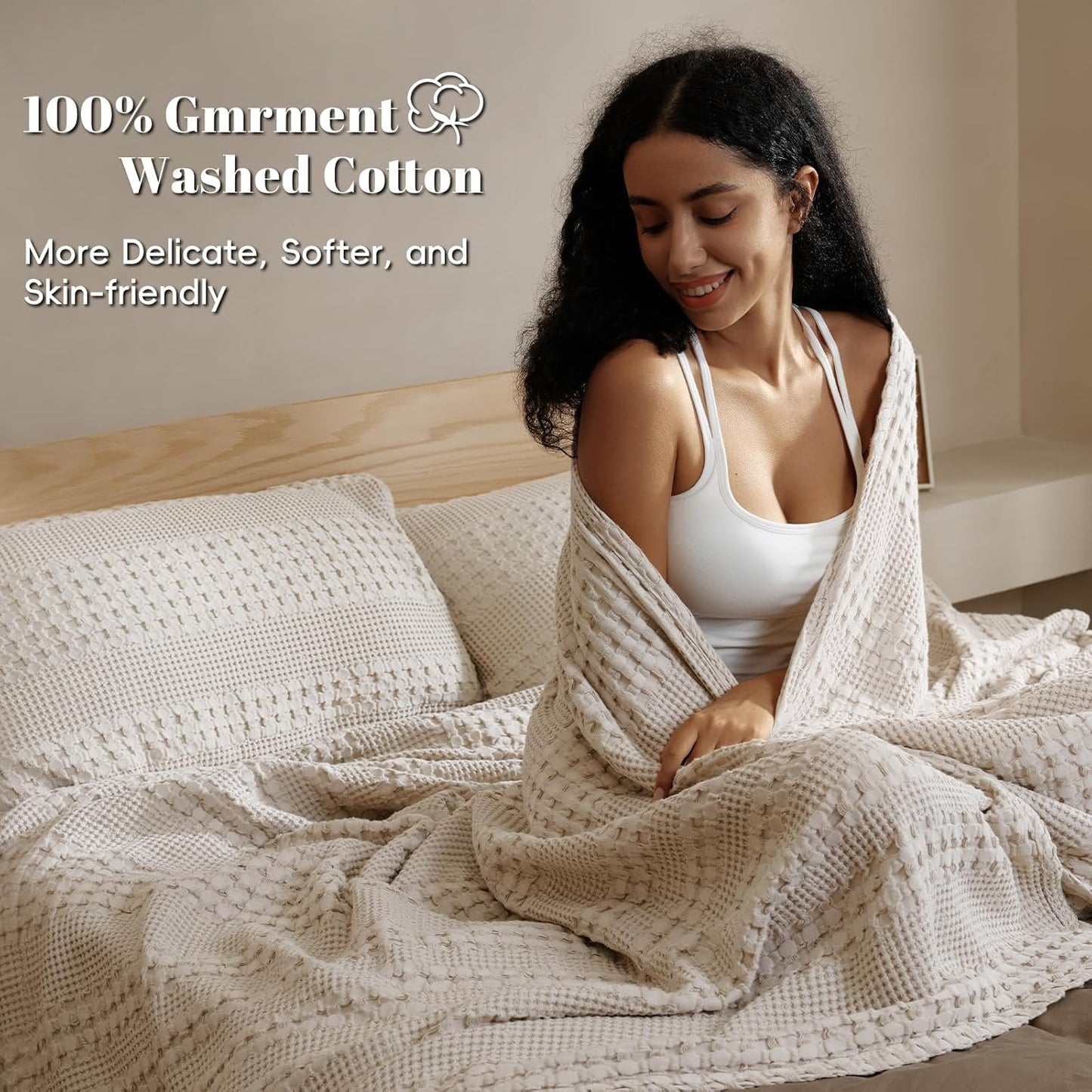 PHF 100% Cotton Waffle Weave Blanket King Size for Bed, Soft Lightweight & Breathable, All-Season Comfort, Luxury Aesthetic Woven Bedding for Home Decor, 108"x90", Oatmeal