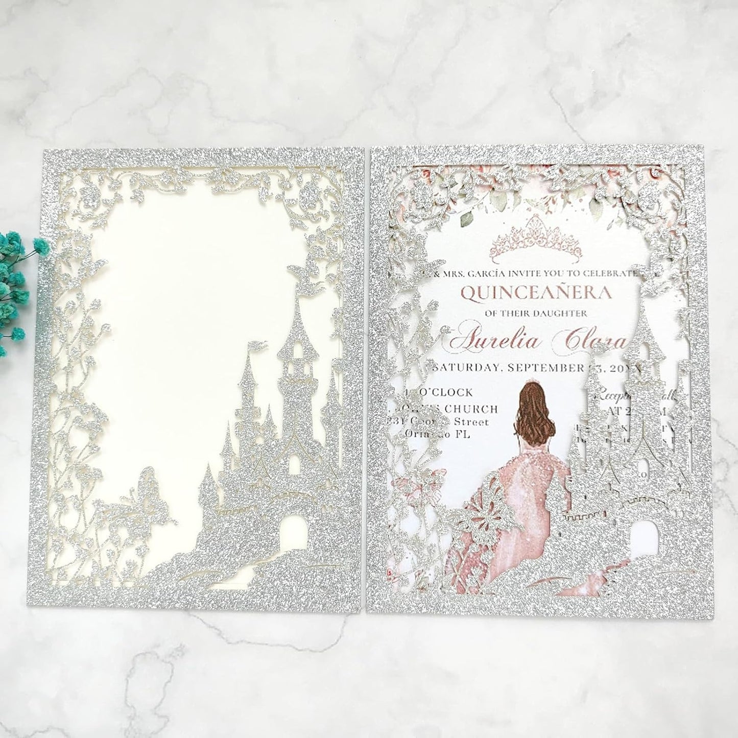 20PCS Castle Pocket Invitations, Quinceanera Invitations with Envelopes, Princess Invitation, Laser Cut quince invites (glitter silver)
