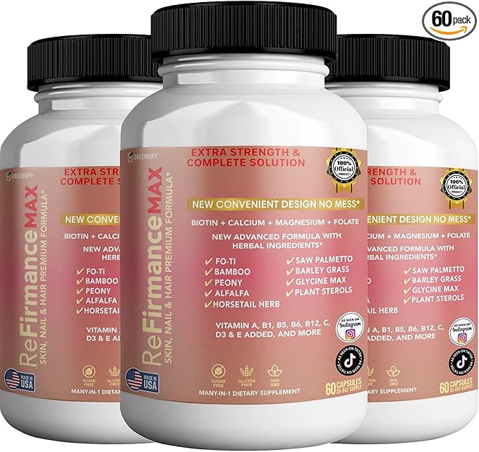 ReFirmanceMax Hair Growth Supplement, 60 Capsules, with Biotin 5000mcg, Vitamins B12, Calcium, Saw Palmetto, 30 Day Supply (3)