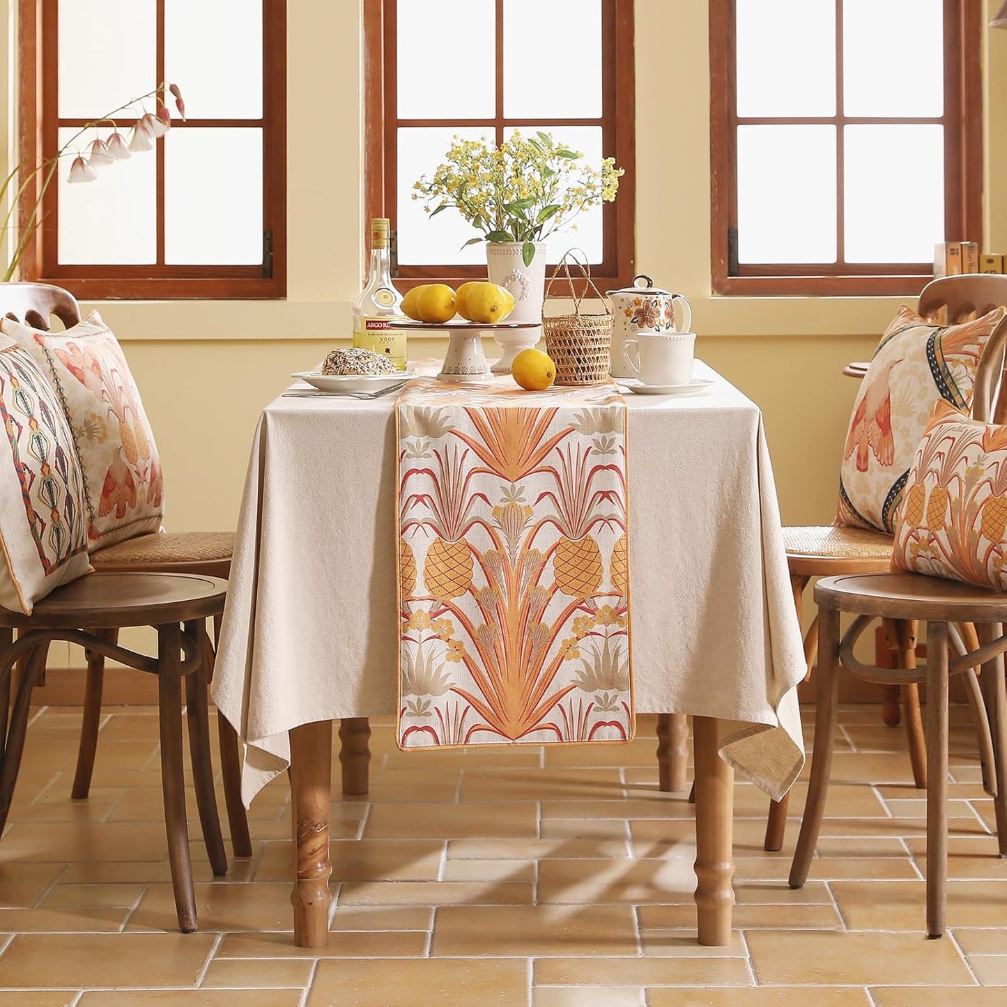 patdrea Designer Tropical Linen Table Runner 87 Inch Long, Yellow Vintage Elegant with Pineapple Pattern Table Mat,Decoration for Kitchen Dining Coffee Table Cover Banquet Christmas , 12"*87"