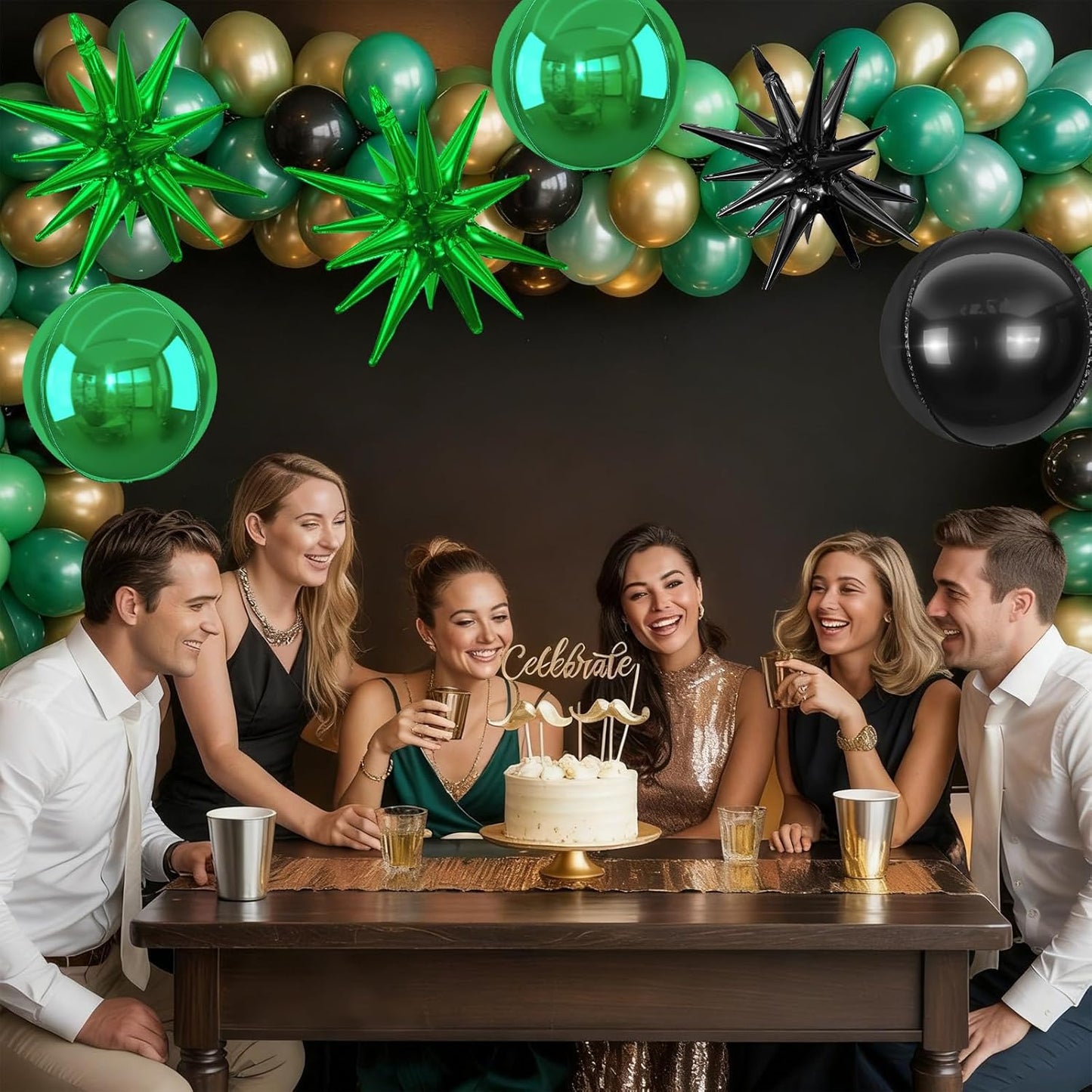 6Pcs Black Green Foil Balloons,22Inch Black Green 4D Round Ball Balloon and Explosion Star Balloon for Birthday Wedding Baby Shower Anniversary Party Decorations
