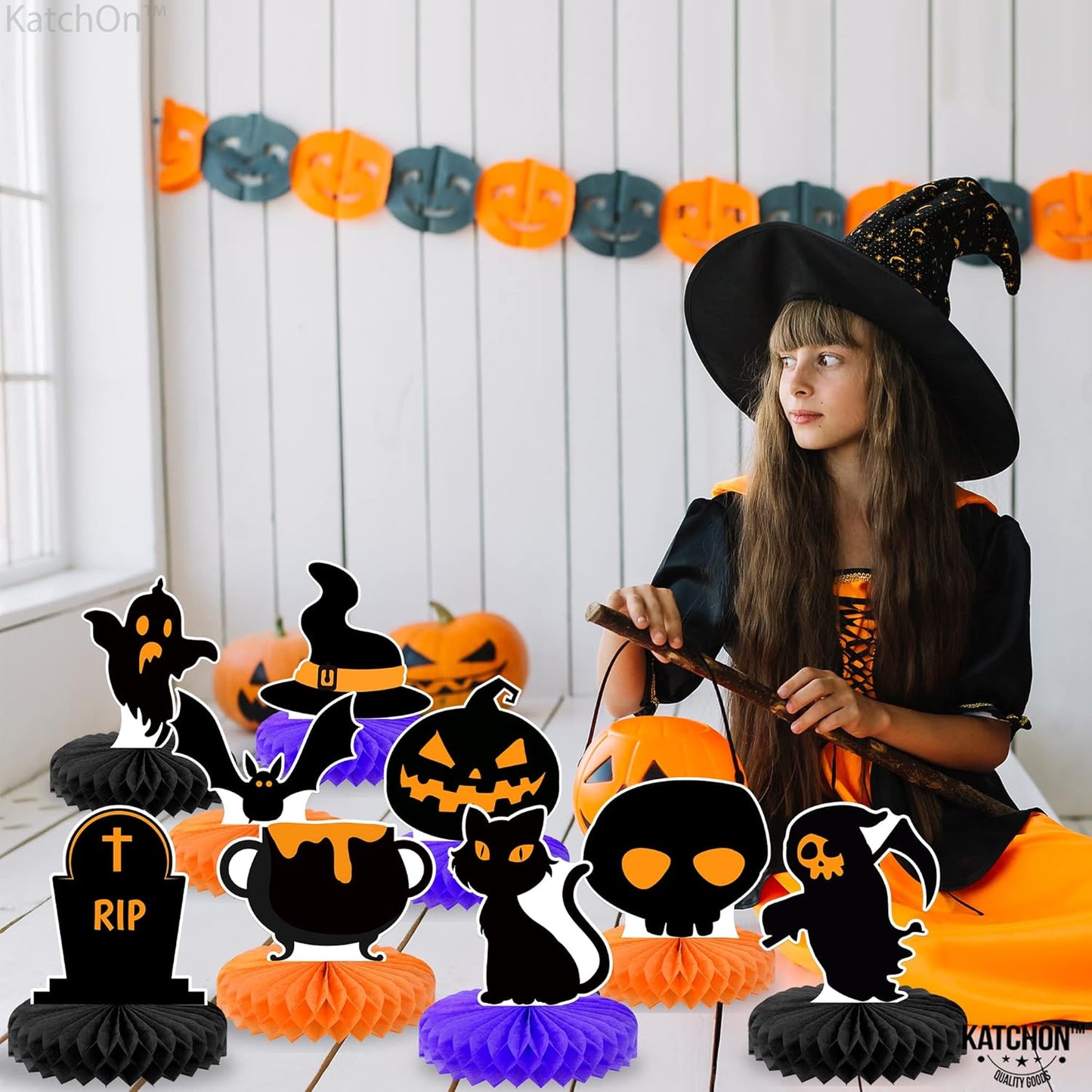 KatchOn, Halloween Centerpieces for Tables - Pack of 9 | Orange and Black Halloween Table Centerpiece for table Decorations | Pumpkin centerpiece for halloween Decorations Indoor