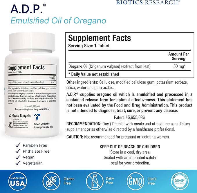 Biotics Research A.D.P. Emulsified Oil of Oregano Tablets for GI Health -Sustained Release for High Absorption Contains Carvacrol, Wild Oregano Oil 50mg/S - Patented Formula -Non GMO –120 Tablets