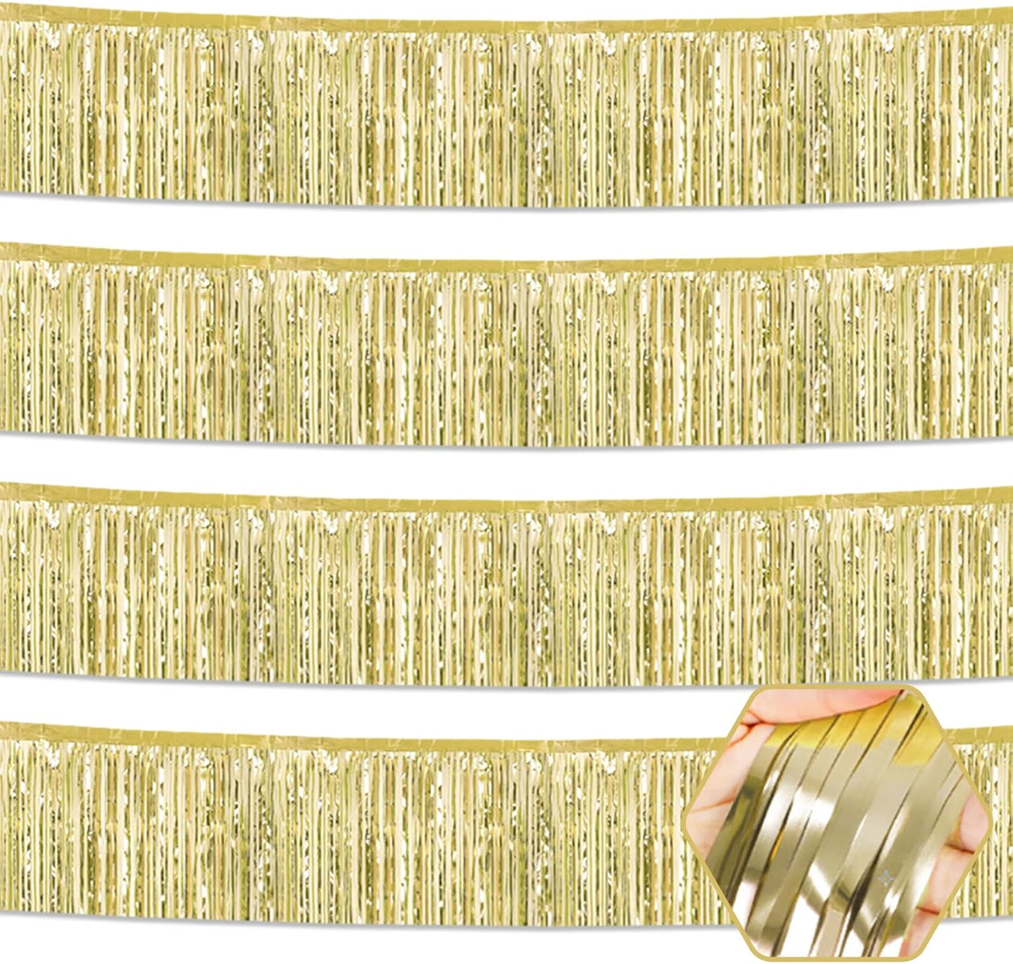 4 Pack 10 Feet Light Gold Foil Fringe Garland Metallic Tinsel Streamers Banner Wall Hanging Curtain Backdrop for Parade Floats, Wedding, Graduate, Mother's Day, Birthday Party Decoration