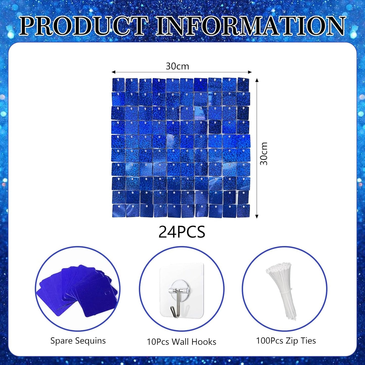 24PCS Royal Blue Shimmer Wall Backdrop, Laser Square Sequin Photo Backdrops Panel, Glitter Wall Background for Birthdays, Weddings, Christmas, Engagements, Disco Bachelorette Party Decor (4FTx6FT)