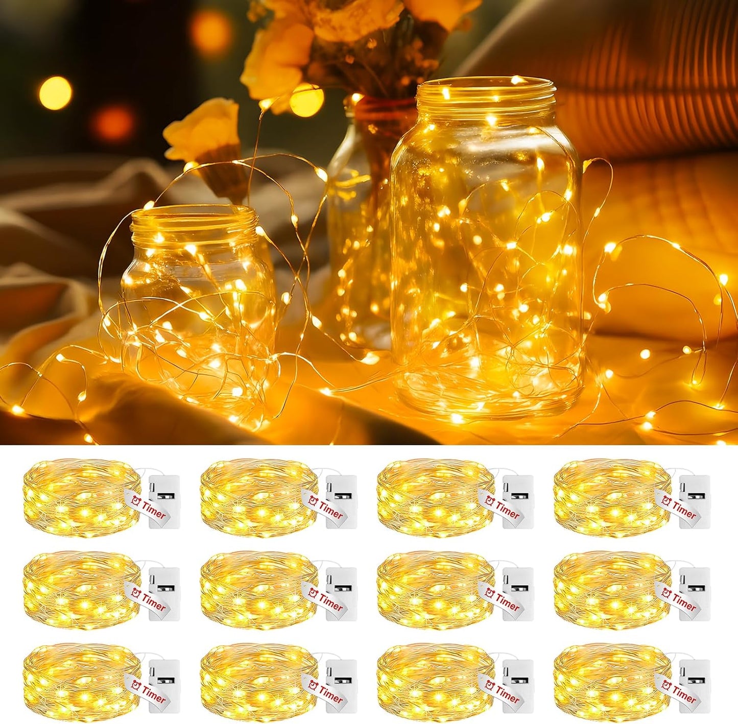 Litogo 12 Pack Fairy Lights Battery Operated with Timer, 20 LED 3 Modes Twinkle Light, 7ft Waterproof Silver Wire Mini Small Bulk Mason Jar String Light, Decor for Wedding Centerpieces Party Christmas