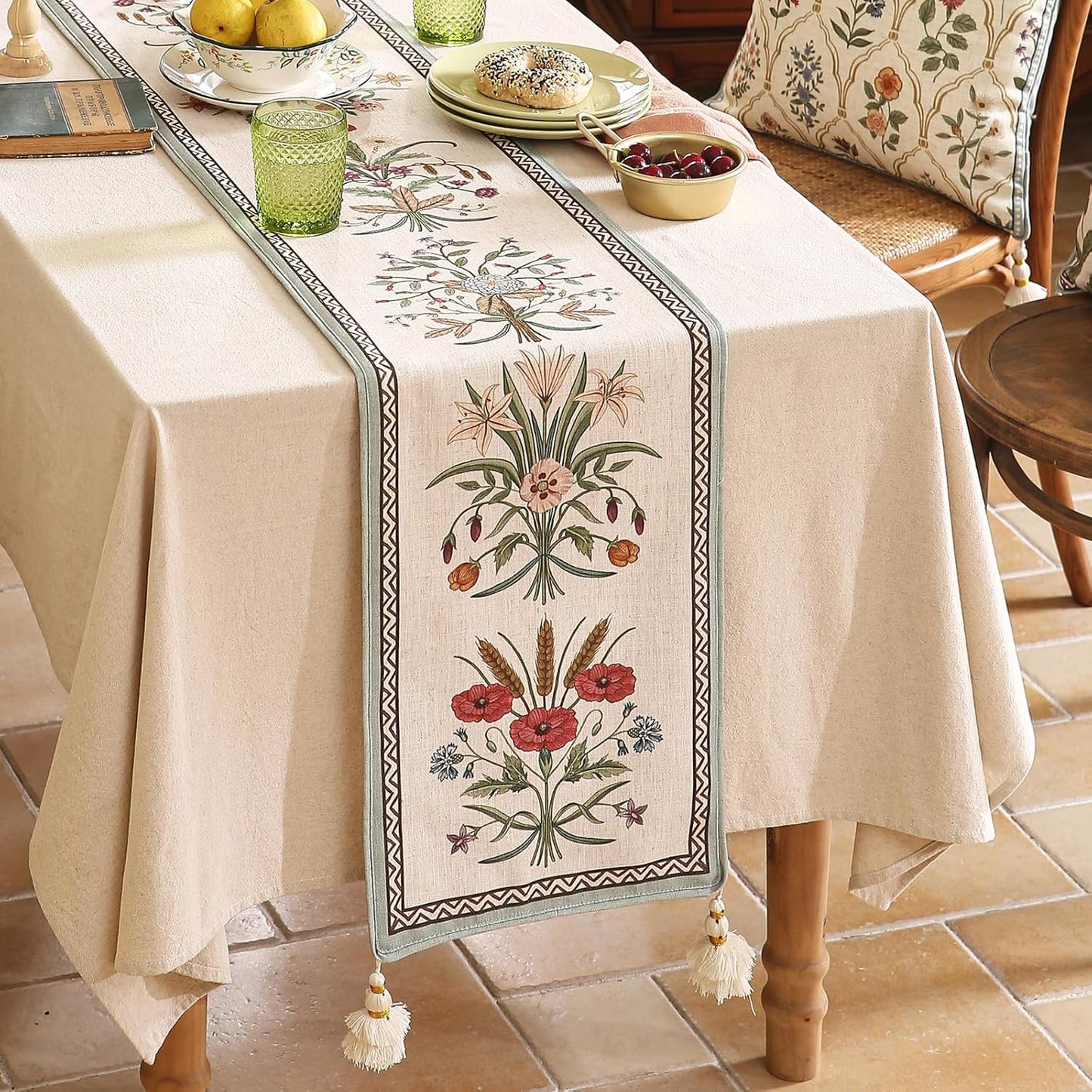 ISAENNE Designer French Country Linen Table Runner 118 Inches Extra Long,Elegant Colorful Floral Pattern Table Runners for Dining Tables,Thanksgiving,Christmas,Kitchen Decor,12"*118"-Serenity F