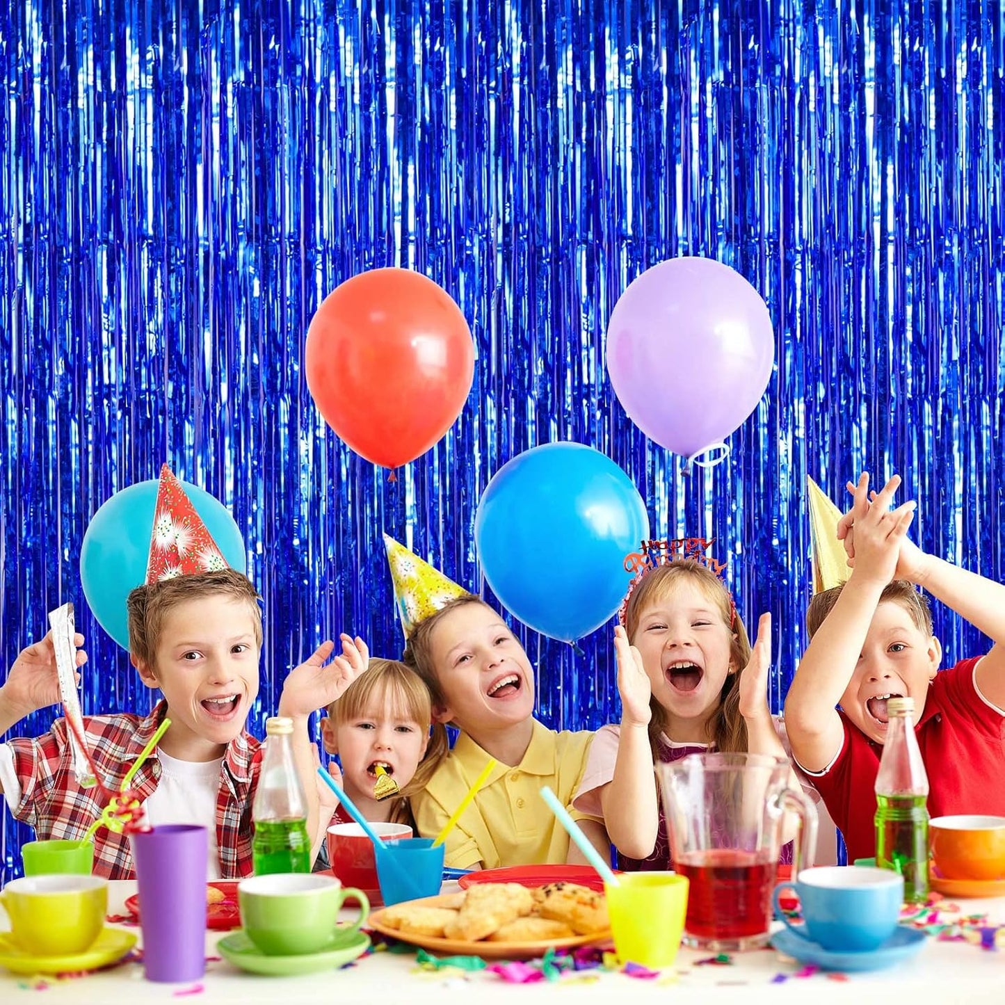 2 Pack Blue Fringe Curtains Foil Shiny Fringe Backdrop Tinsel Door Streamers Foil Curtains for Birthday Wedding Engagement Bridal Shower Celebration Party Decorations Large